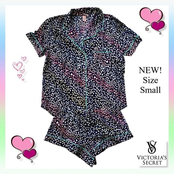 NEW Victoria's Secret Modal Short Top PJS Pajamas Sleep Rainbow Hearts Small - Picture 1 of 14